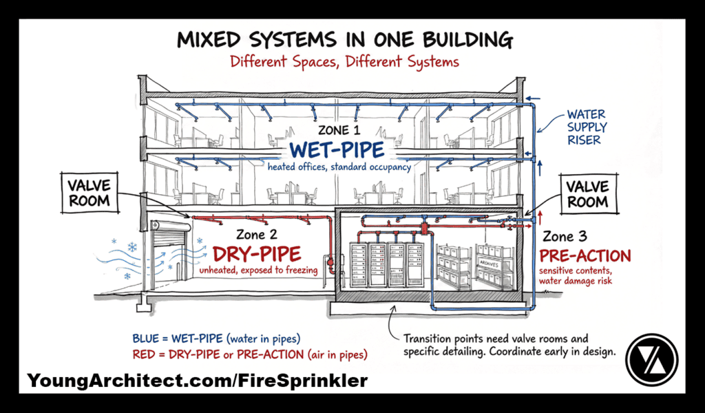 Mixed sprinkler systems in one building section showing wet-pipe in heated offices, dry-pipe in unheated areas, and pre-action protecting archives