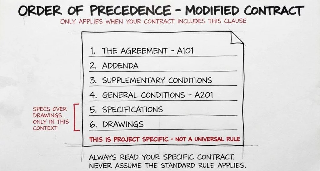 Modified AIA contract order of precedence list ranking specifications above drawings with a note that this is project specific