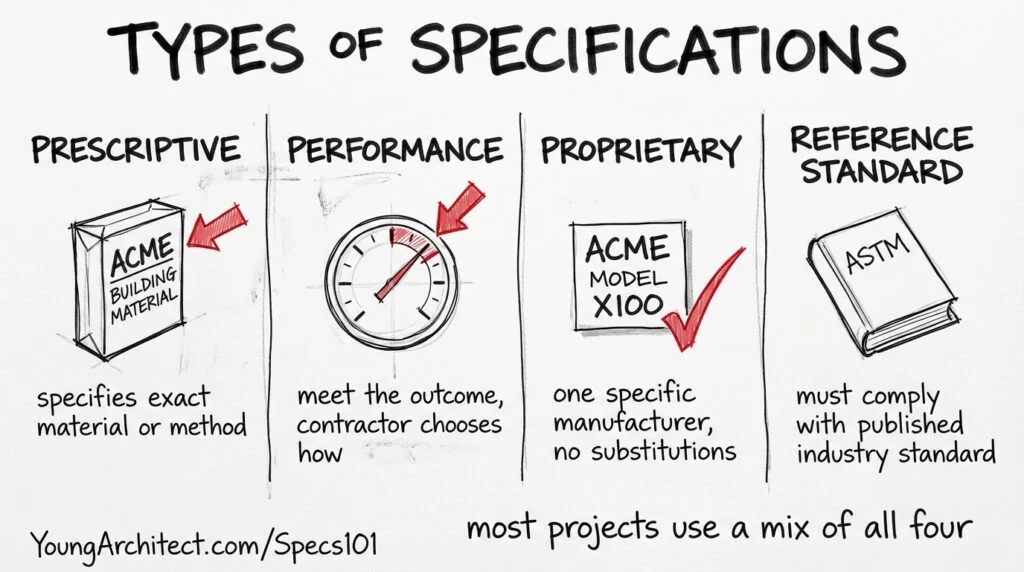 Hand-drawn sketch showing the four types of construction specifications - prescriptive, performance, proprietary, and reference standard. 