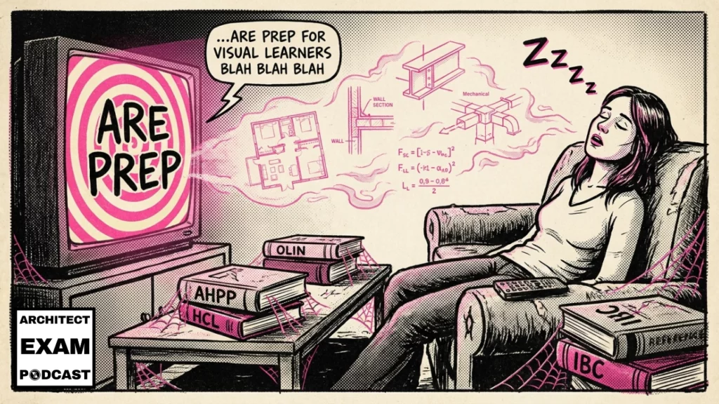 Exhausted ARE Exam Candidate falls asleep studying for the ARE exam, surrounded by prep books and a hypnotic TV screen labeled “ARE EXAM PREP.”