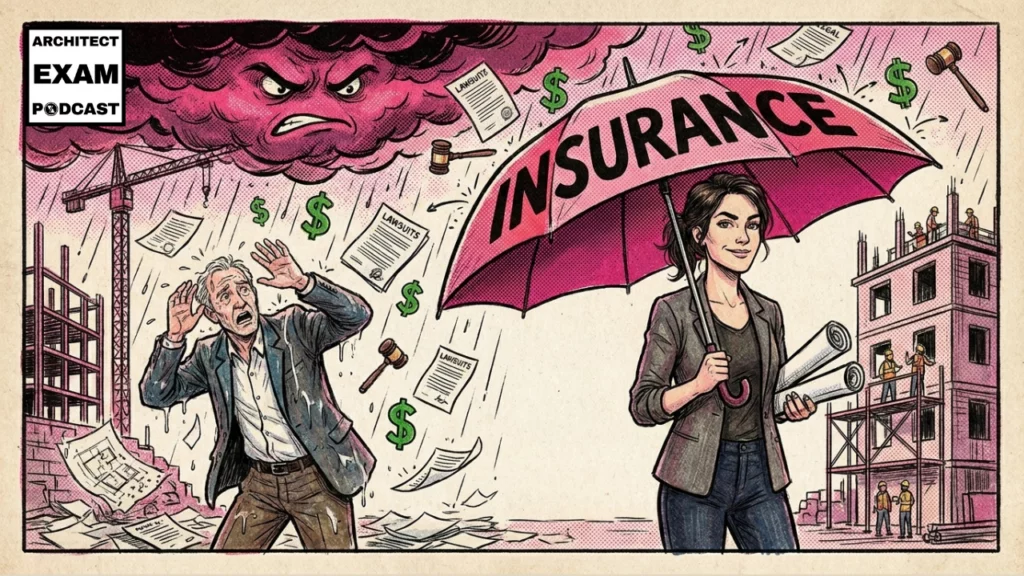 Architect holds an insurance umbrella while lawsuits and gavels rain down on a construction site