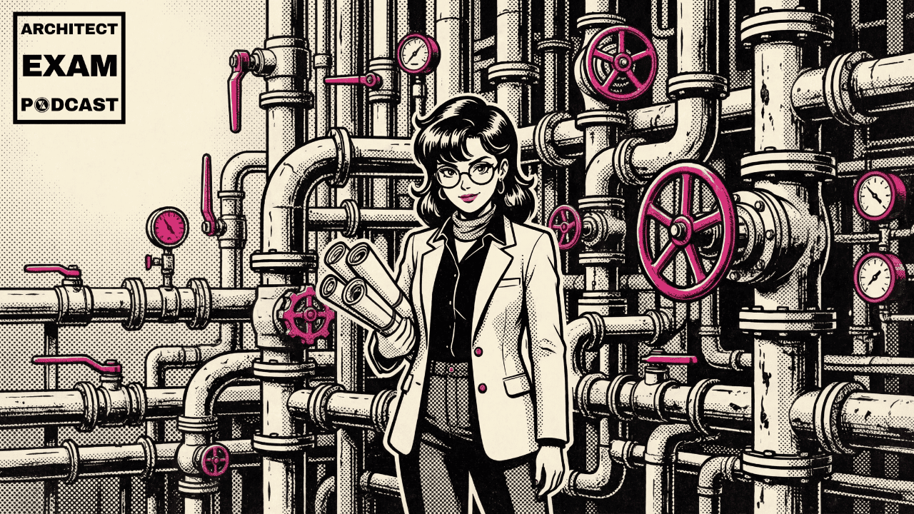 Plumbing valves explained — Architect Exam Podcast episode covering types of valves including gate valves, ball valves, check valves, backflow preventers, and pressure reducing valves for ARE and CDT exam prep