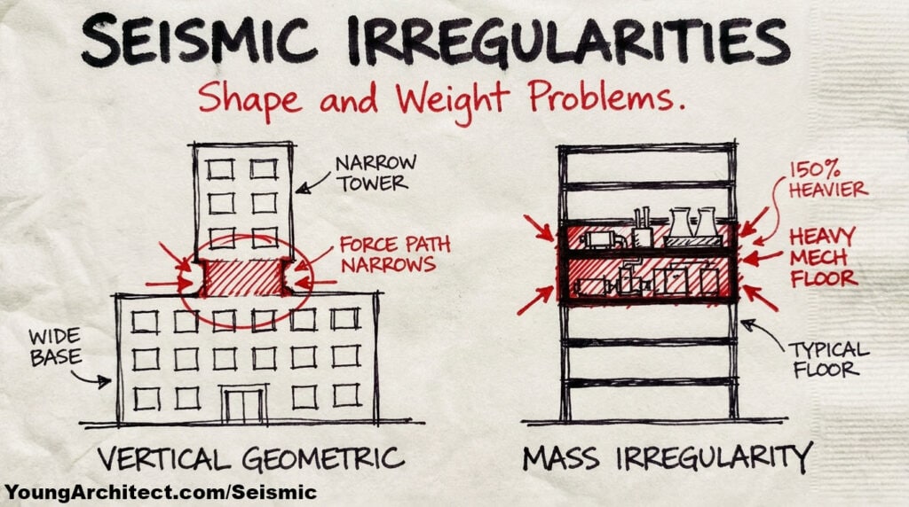 Seismic irregularities showing vertical geometric irregularity with building setback and mass irregularity from heavy mechanical floor