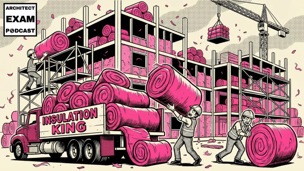 Workers load different types of insulation onto a truck at a construction site