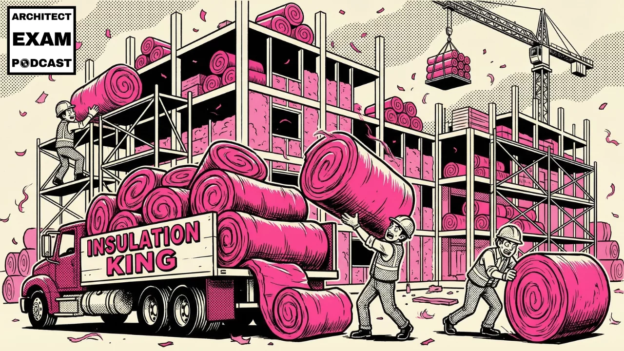 Workers load different types of insulation onto a truck at a construction site