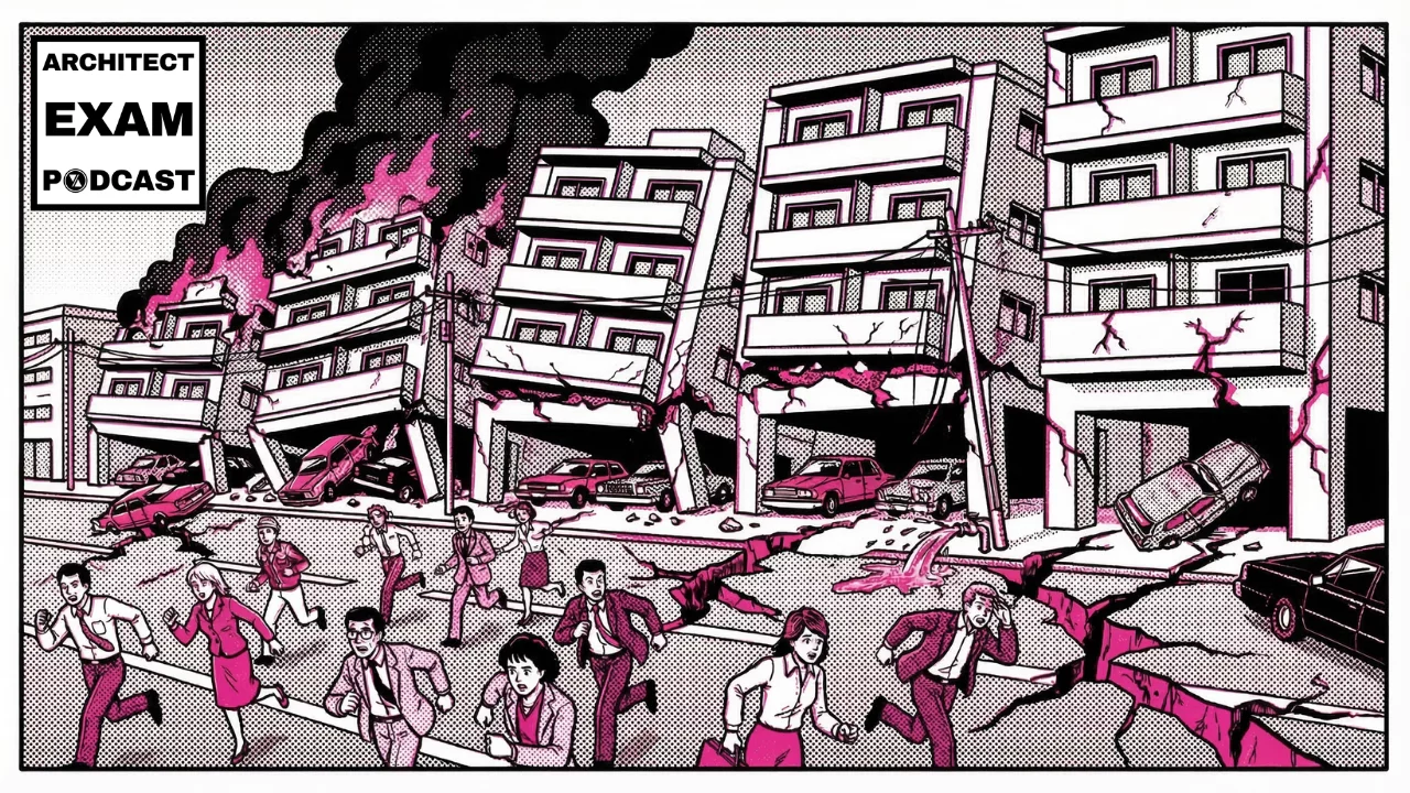 illustration of soft story building collapse during an earthquake as people flee crumbling apartment buildings with crushed cars underneath