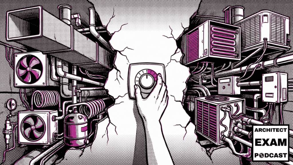 Hand reaches through a cracked wall to adjust a thermostat surrounded by different types of HVAC systems and equipment