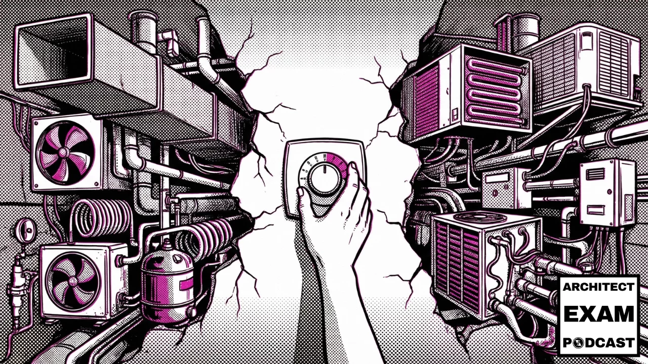 Hand reaches through a cracked wall to adjust a thermostat surrounded by different types of HVAC systems and equipment