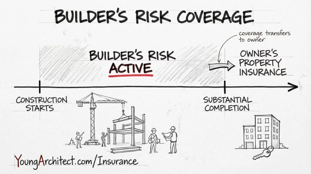 Timeline sketch showing builder's risk insurance coverage from construction start through substantial completion, when coverage transfers to the owner's property insurance.