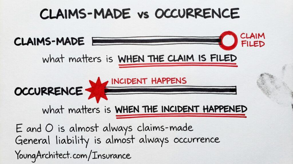 Diagram comparing claims-made vs occurrence insurance policies. E&O is almost always claims-made while general liability is almost always occurrence.