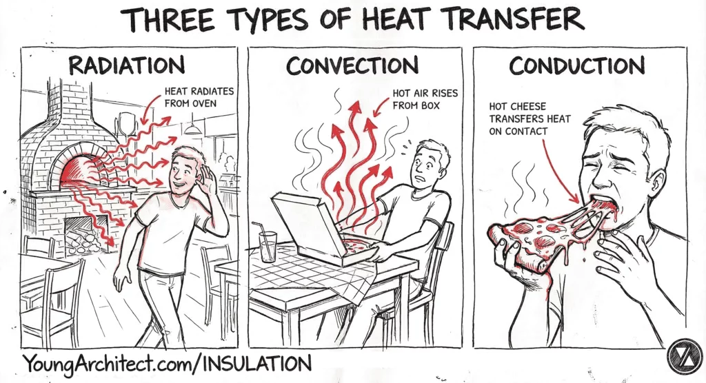 Three types of heat transfer: radiation from an oven, convection from a box, conduction from hot pizza