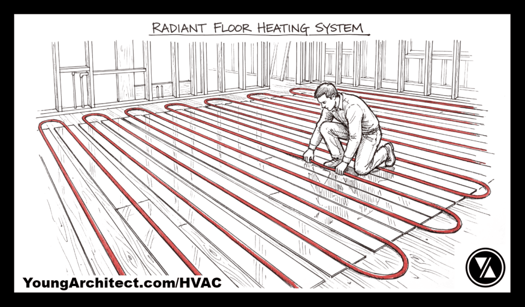 Worker installs radiant floor heating tubing in serpentine loops across a subfloor before the finished floor goes down