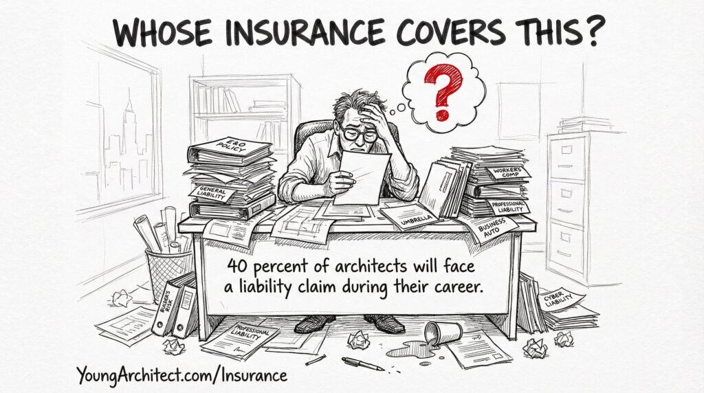 Sketch of an overwhelmed architect surrounded by insurance policy documents, illustrating why understanding architect insurance matters before a liability claim happens.