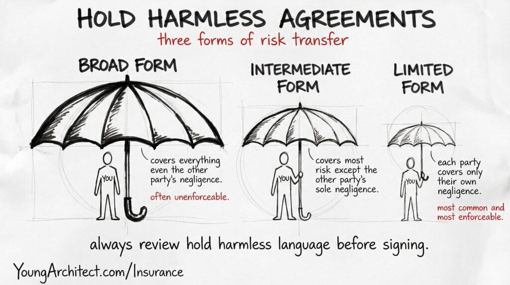 Sketch showing the three forms of hold harmless agreements: broad form, intermediate form, and limited form. Limited form is the most common and most enforceable.