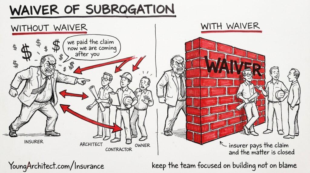 Sketch explaining waiver of subrogation in construction. Without a waiver, the insurer can pursue project team members after paying a claim. With a waiver, the matter is closed.