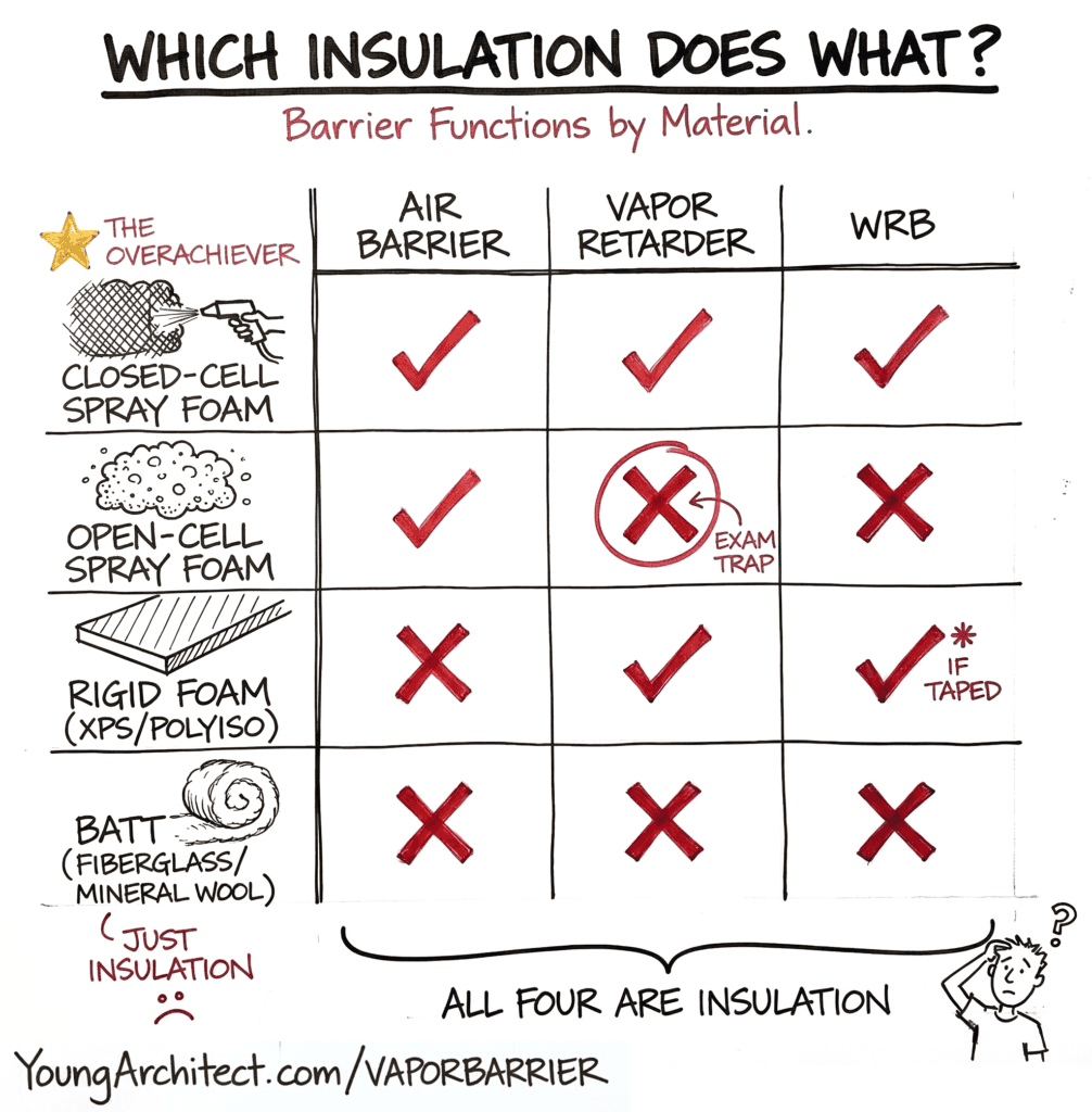 Spray foam, rigid foam, and batt insulation compared as air barriers, vapor retarders, and WRBs