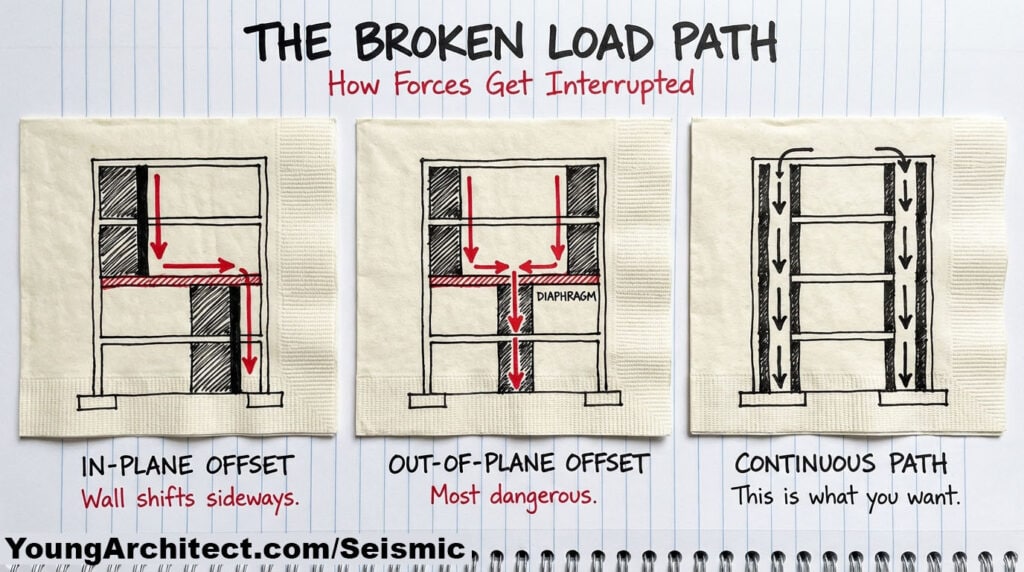 Load path discontinuity types showing in-plane offset, out-of-plane offset with diaphragm transfer, and continuous load path