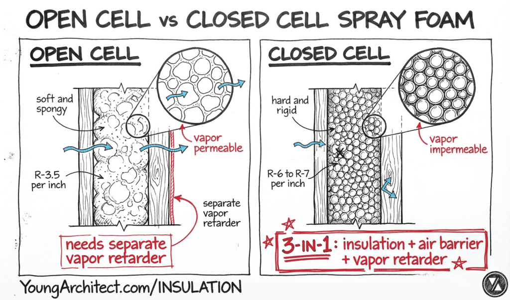 Open cell vs closed cell spray foam insulation comparison showing R-value and vapor behavior
