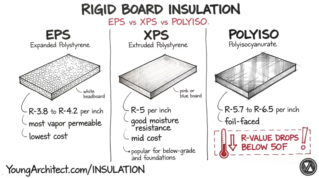 EPS vs XPS vs polyiso rigid board insulation comparison with R-values per inch