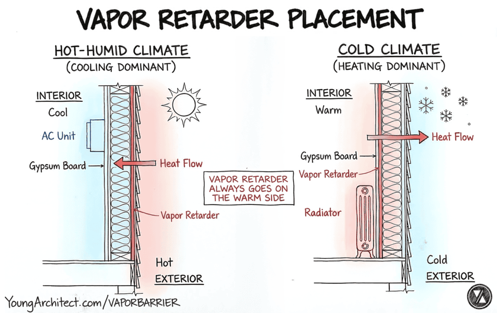 Vapor retarder placement on the warm side of insulation in cold versus hot-humid climate wall assemblies