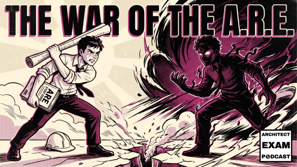 Architect armed with an ARE study guide fights a shadowy Resistance figure in a war of art battle.