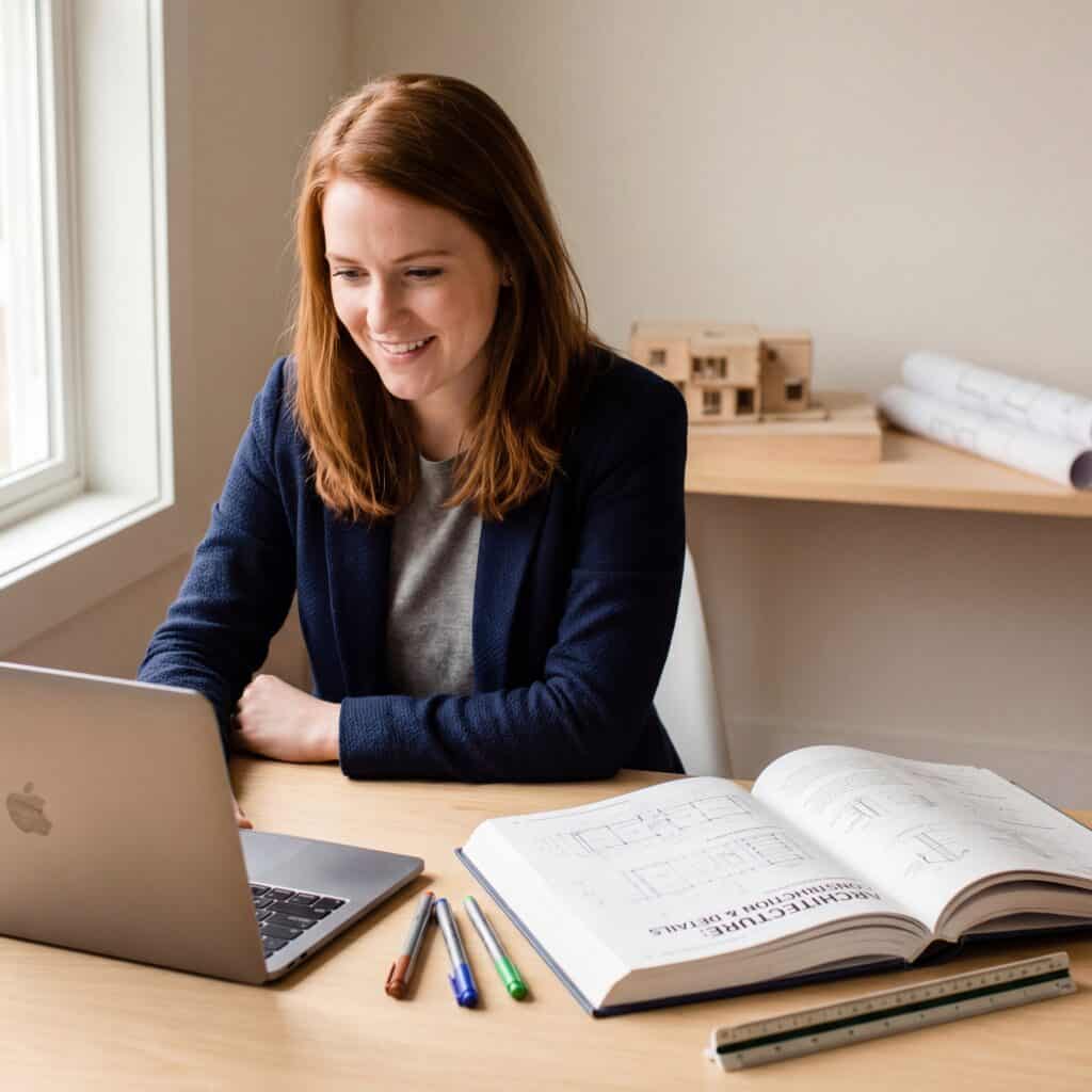 Red head woman using ARE Study materials preparing for her Project Planning and Design ARE 5.0 Exam