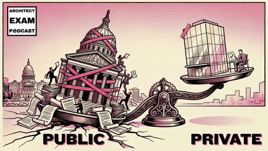 A classical courthouse and a modern office building balanced on a scale, symbolizing the comparison of public works projects vs private construction projects.