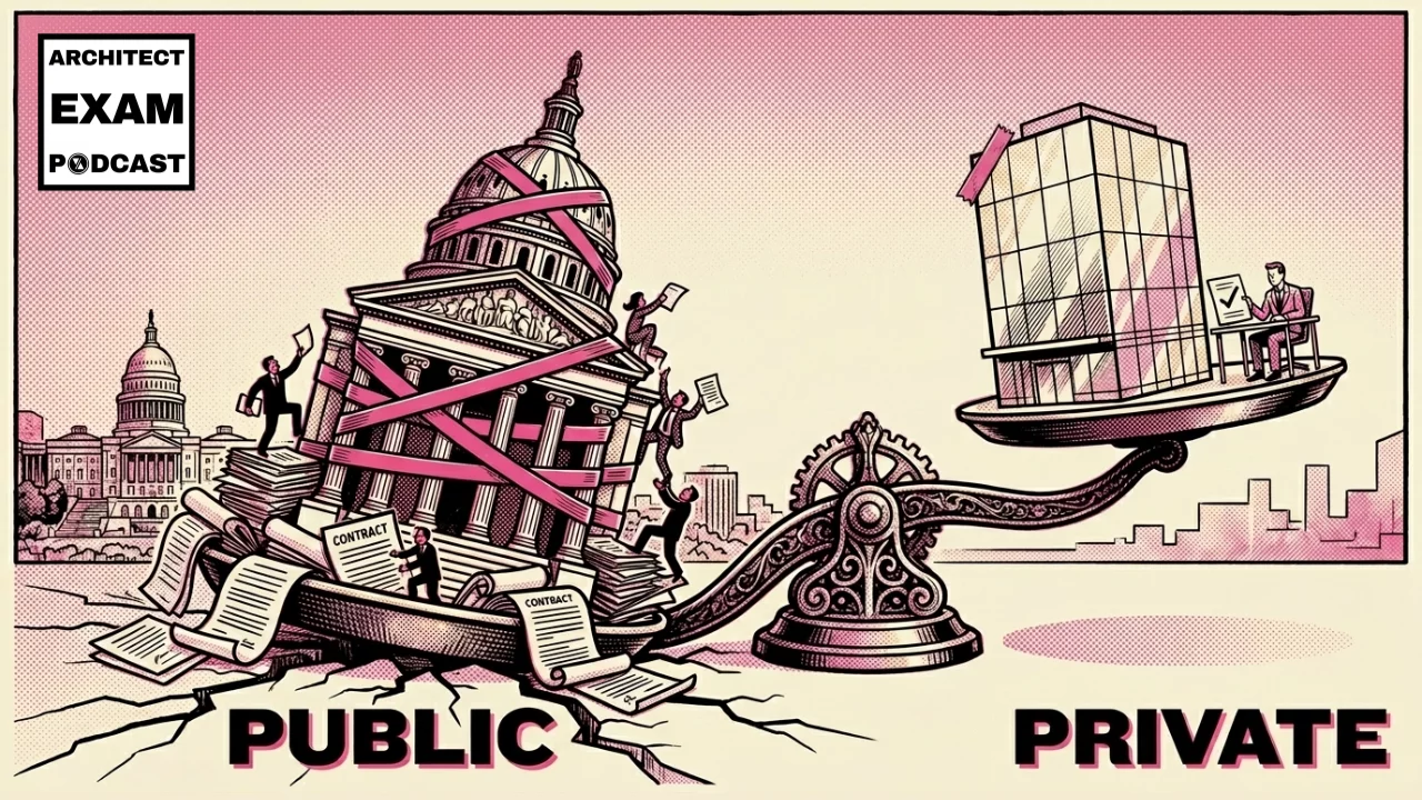 A classical courthouse and a modern office building balanced on a scale, symbolizing the comparison of public works projects vs private construction projects.