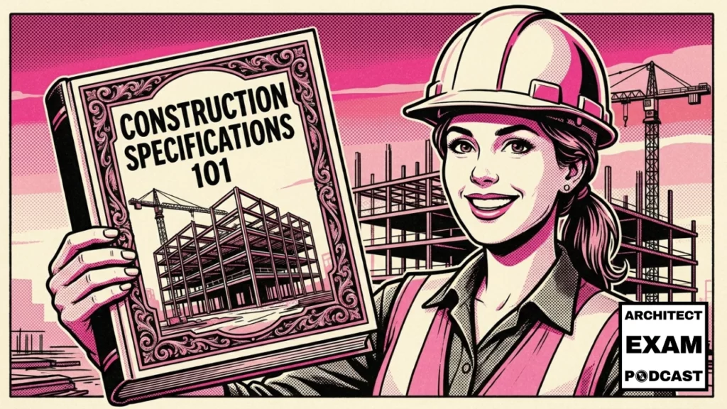 Female architect holding a book on a construction site titled “Construction Specifications 101”