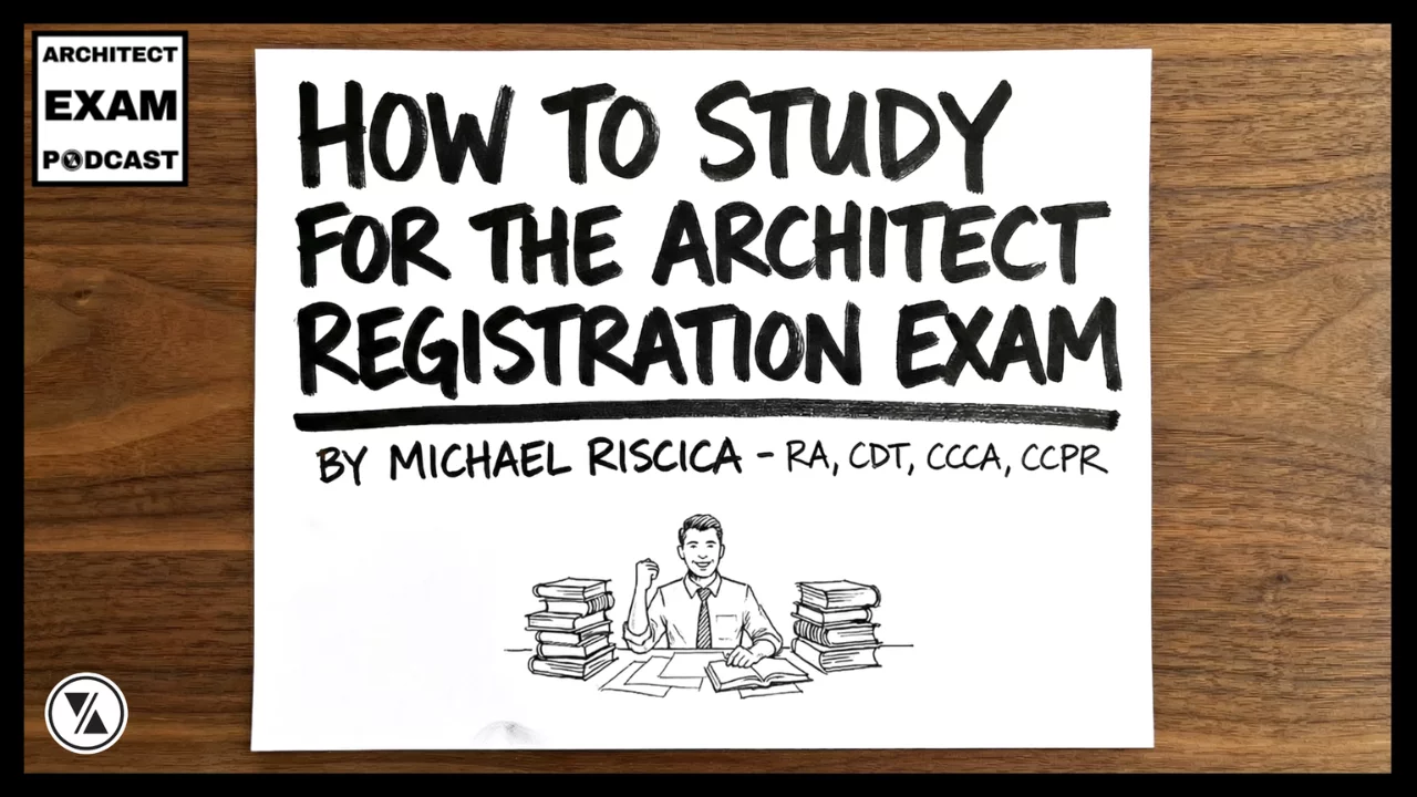 Hand-drawn title slide for how to study for the architect registration exam with a sketch of an ARE Candidate surrounded by study guides.