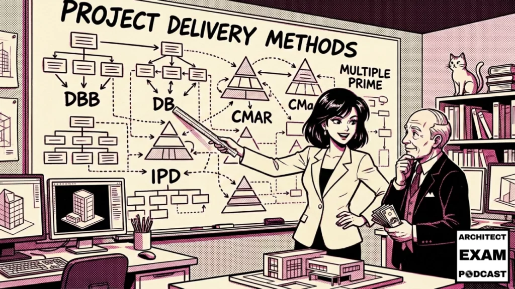 Architect explaining project delivery methods whiteboard showing DBB, DB, CMAR, CMa, Multiple Prime, and IPD contract structures