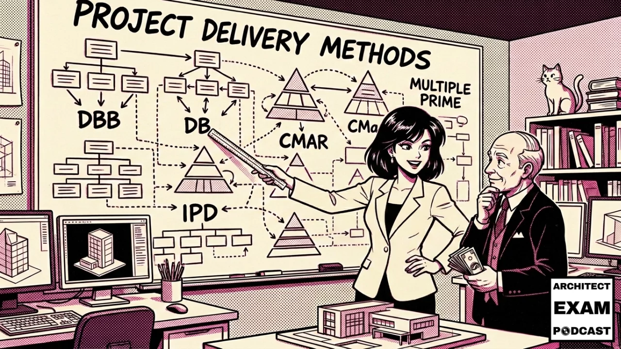 Architect explaining project delivery methods whiteboard showing DBB, DB, CMAR, CMa, Multiple Prime, and IPD contract structures