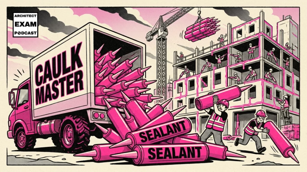 Caulk Master delivery truck unloading giant sealant tubes at a construction site for the building envelope