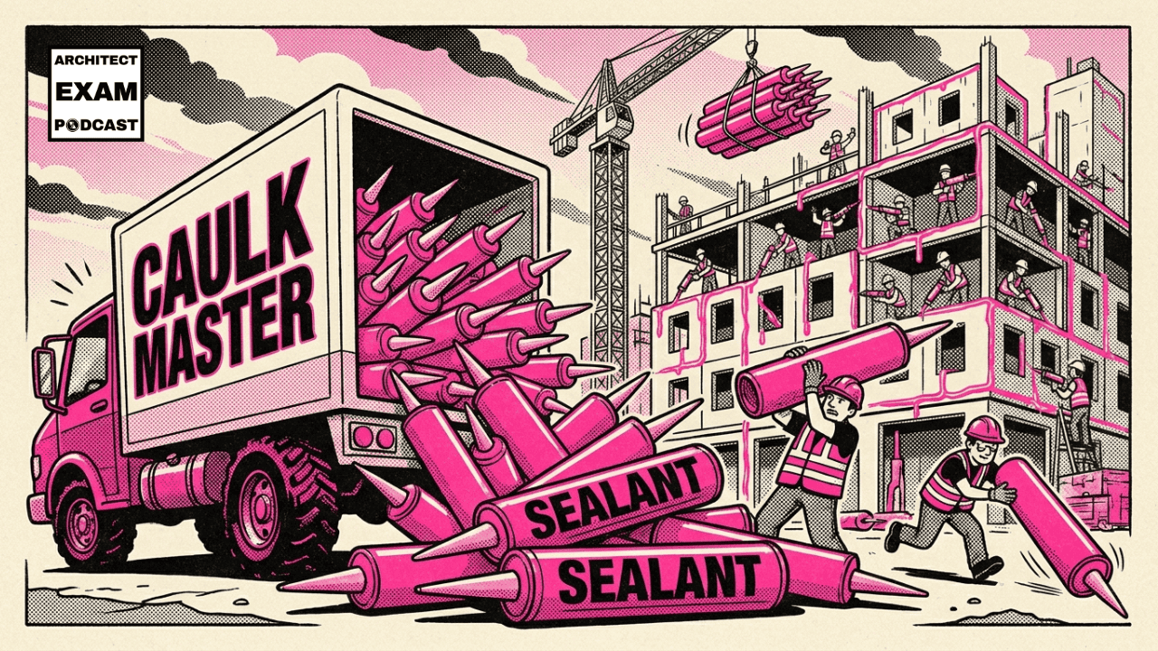 Caulk Master delivery truck unloading giant sealant tubes at a construction site for the building envelope