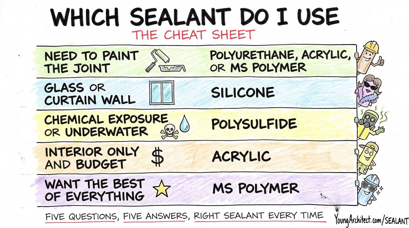 Sealant decision cheat sheet comparing silicone, polyurethane, polysulfide, acrylic, and MS polymer