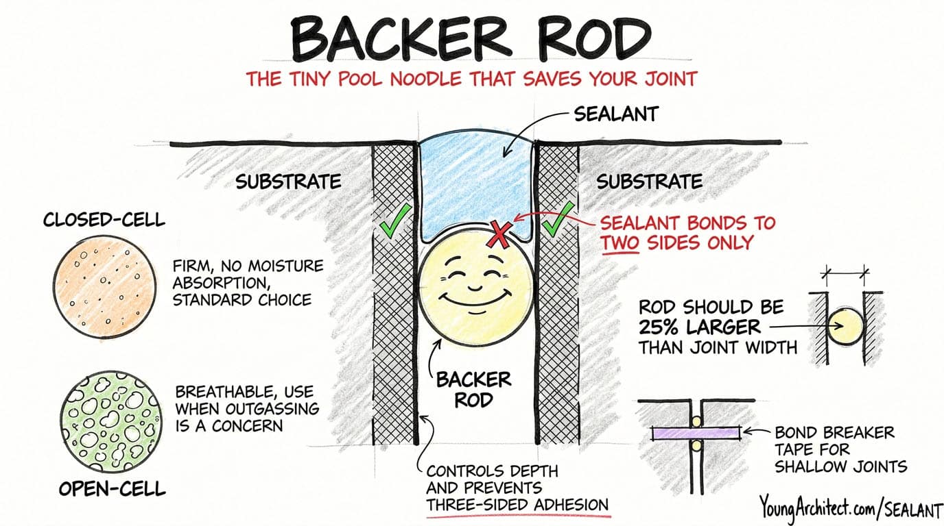 Backer rod anatomy showing a foam rod placed in a sealant joint