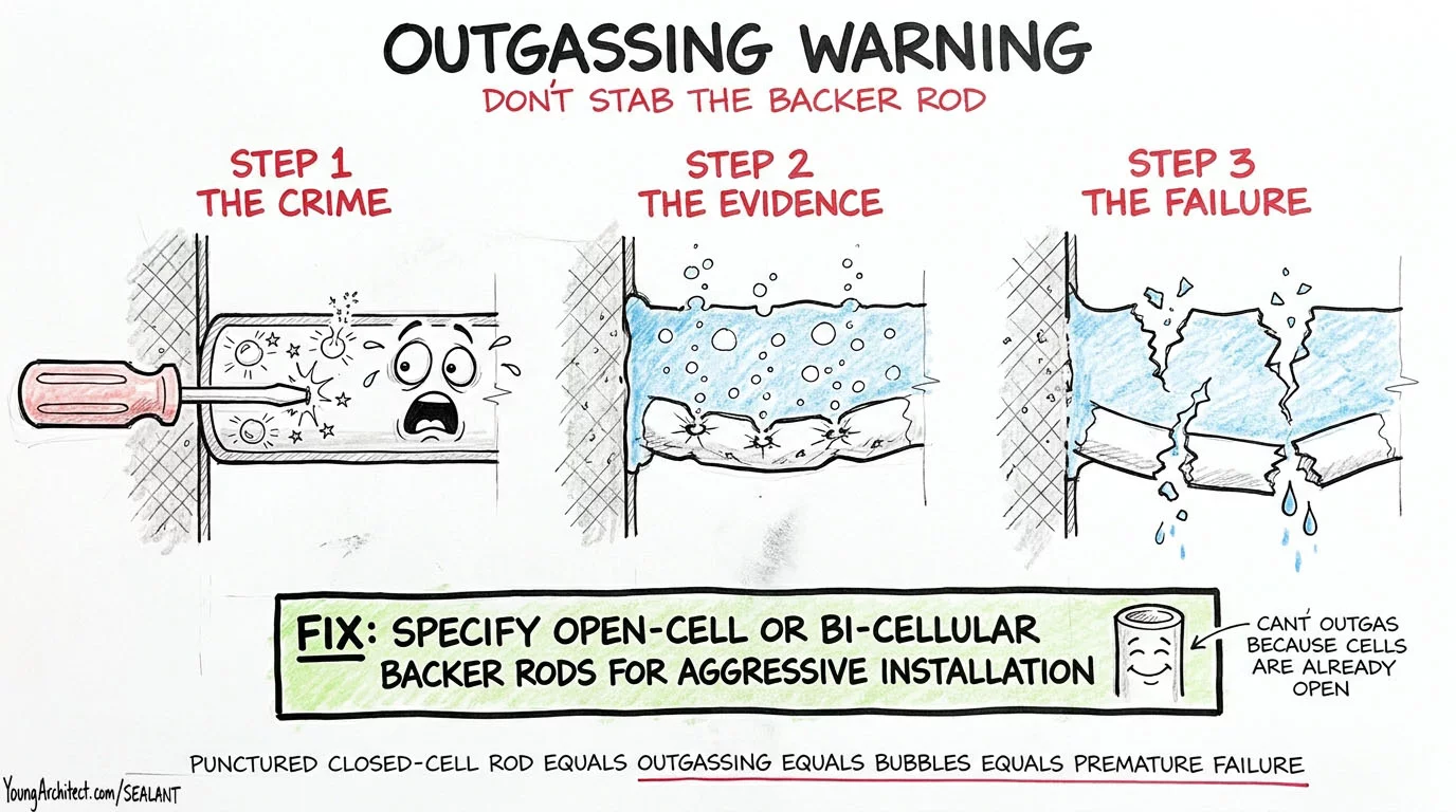 Backer rod outgassing warning showing bubbles forming in sealant from ruptured closed-cell foam