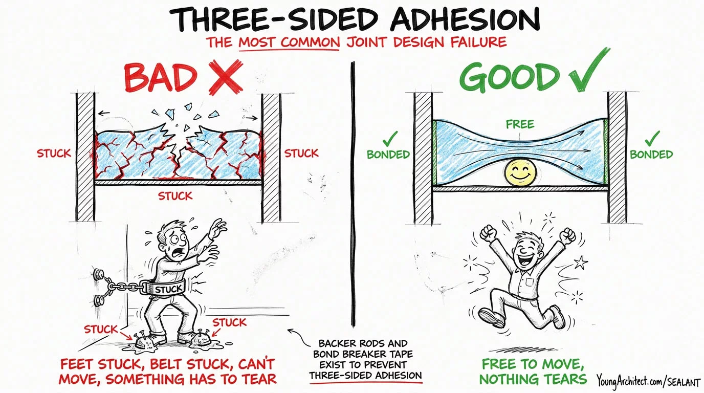 Three-sided adhesion sealant joint failure versus a properly designed two-sided joint
