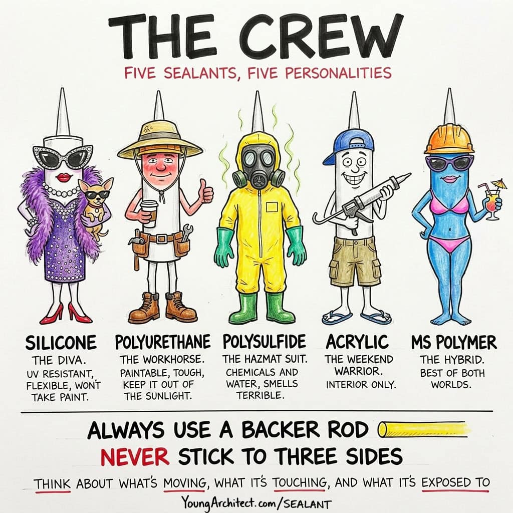 Five sealant types memory hooks recap with a personality for each