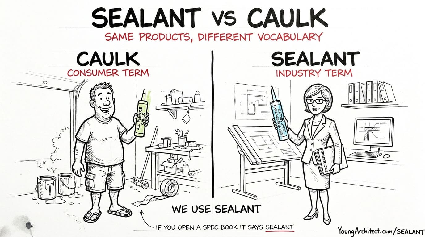 Sealant vs caulk comparison showing the professional spec term versus the hardware store term