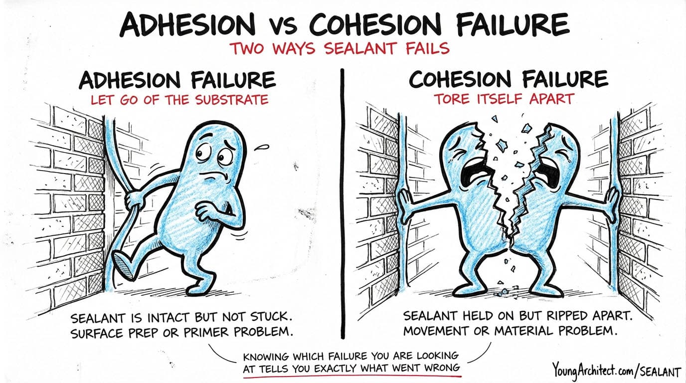 Adhesion failure versus cohesion failure in a sealant joint