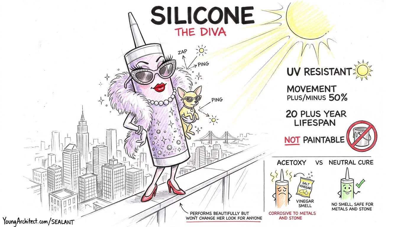 Silicone sealant the diva, UV resistant and flexible but not paintable
