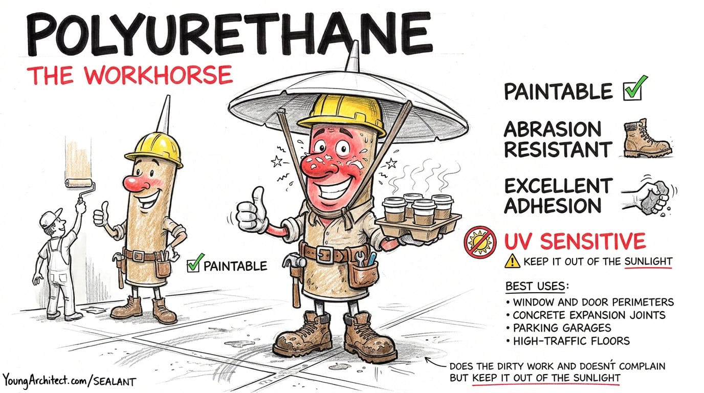 Polyurethane sealant the workhorse, tough and paintable and great for concrete joints