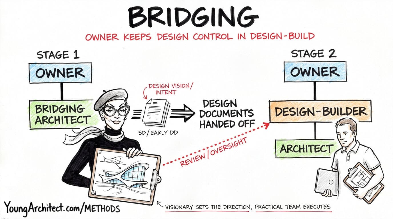 Bridging illustration showing owner architect creating partial documents then handing off to design-builder