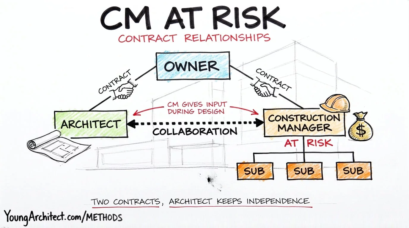 CMAR contract relationships showing owner with separate contracts to architect and construction manager