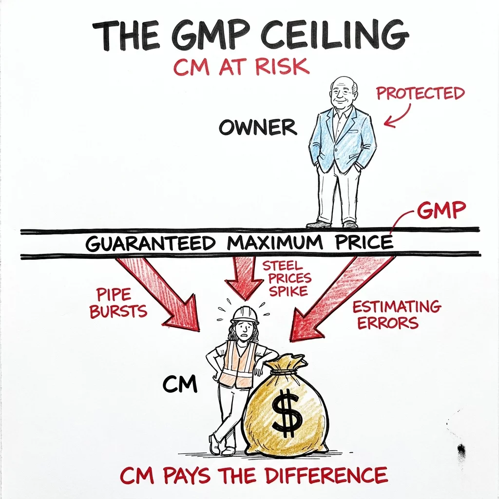 GMP ceiling illustration showing owner protected above the guaranteed maximum price line and CM absorbing cost overruns below