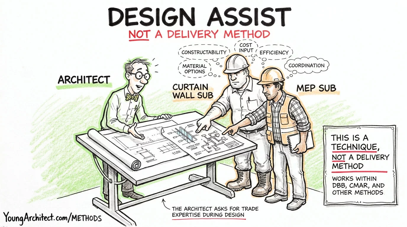 Design Assist illustration showing architect and specialty subcontractors reviewing drawings together