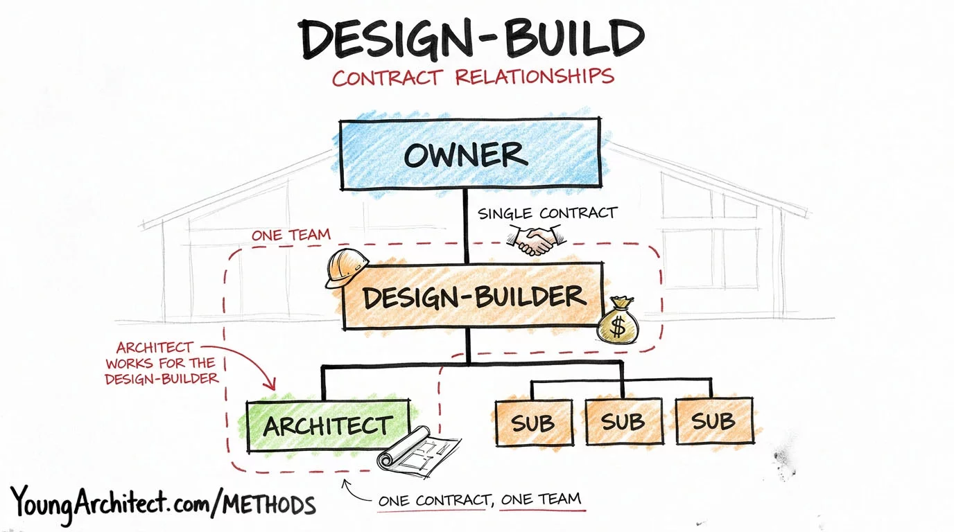 Design-Build contract relationships showing owner with single contract to design-builder and architect underneath