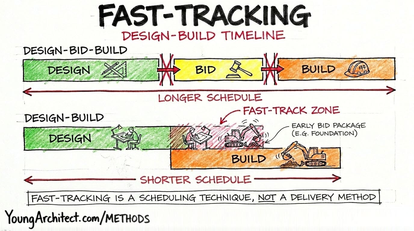 Fast-tracking timeline comparing sequential design-bid-build schedule versus overlapping design-build schedule