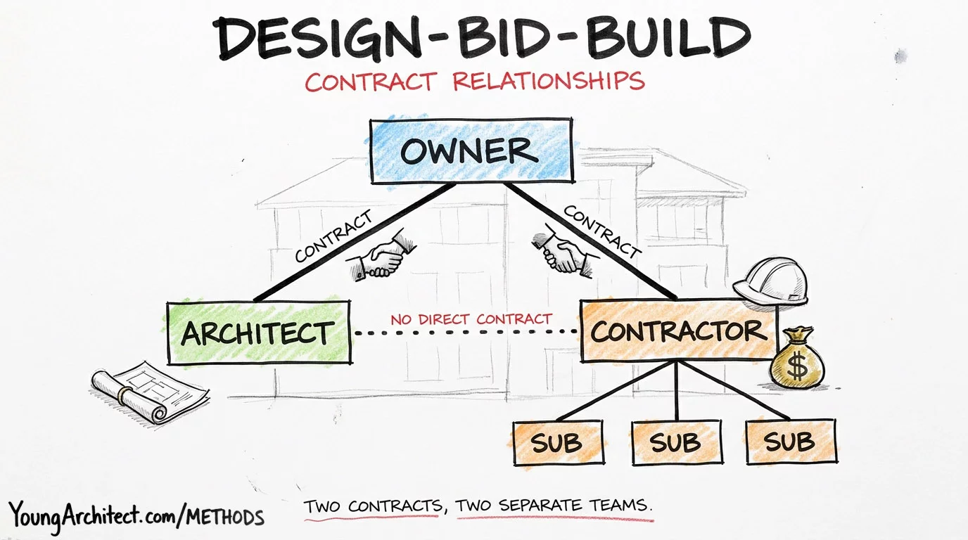 Design-Bid-Build contract relationships org chart showing owner with separate contracts to architect and contractor